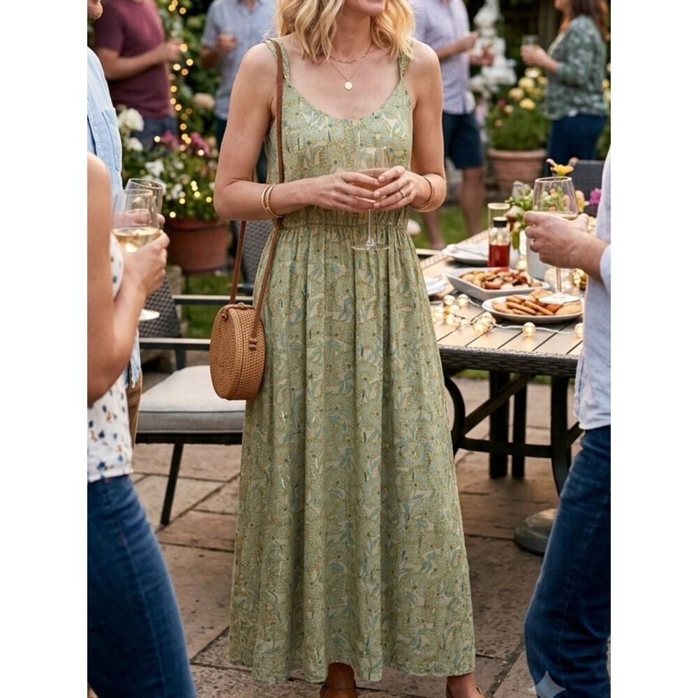 NEW Floral Olive Spaghetti Strap Midi Dress in Sage Green w Metallic Accents